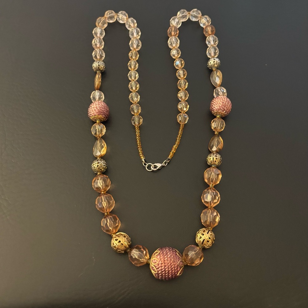 Pink Artistic Beaded Necklace with Metal Accents Hangs Approximately 17”